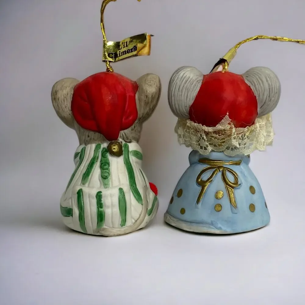 2 Lil Chimers Mice Mouse Bells Ornaments Vintage Shelf Sitters Christmas Decor